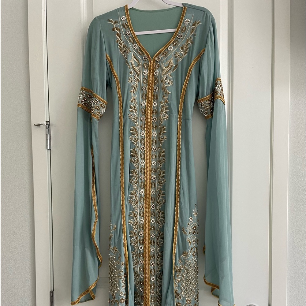 Women Muslim Dubai Dress- color teal and gold